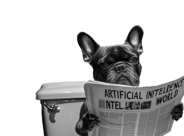 a dog sitting in the toilet reading about AI