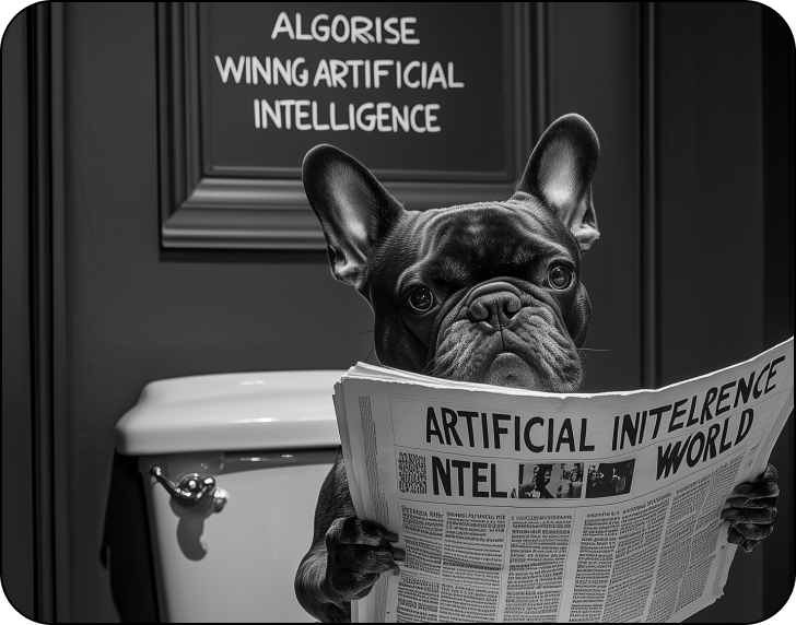 a dog sitting in the toilet reading about AI